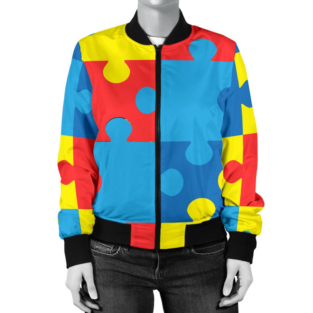 Autism Awareness Puzzles Design Print Women Casual Bomber Jacket