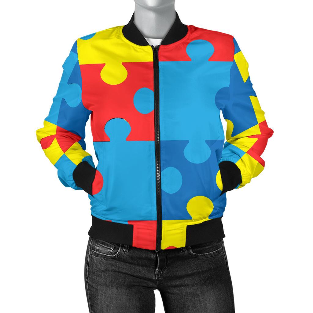 Autism Awareness Puzzles Design Print Women Casual Bomber Jacket