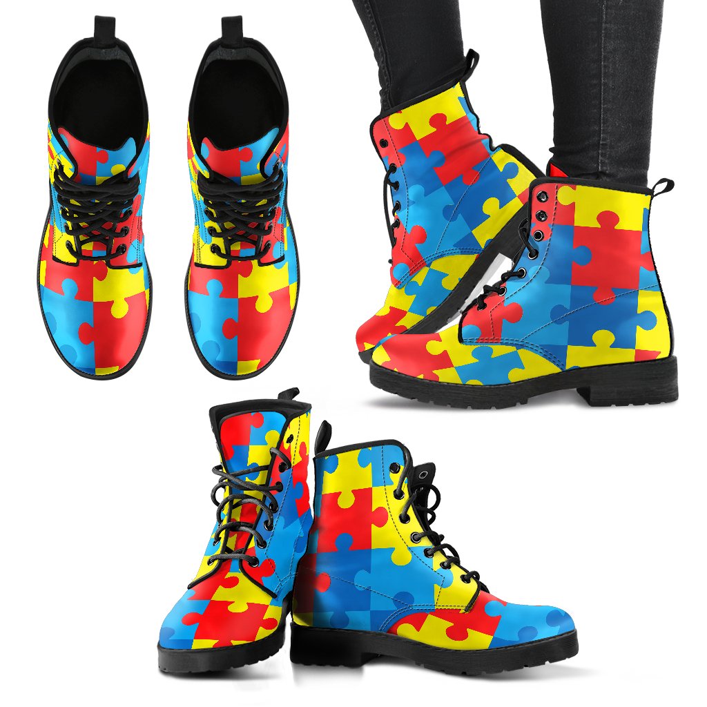 Autism Awareness Puzzles Design Print Women Leather Boots-JTAMIGO.COM