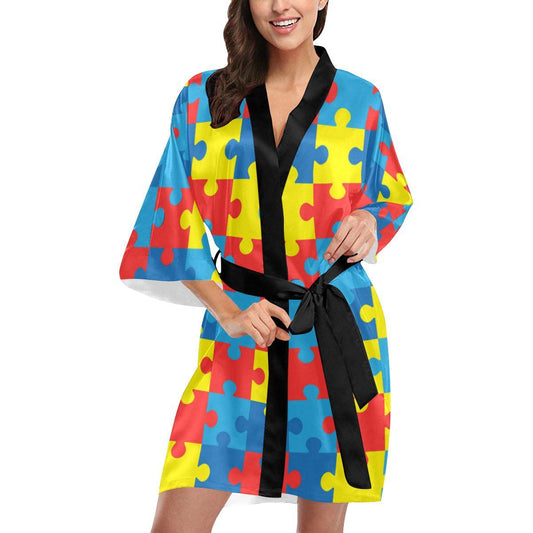 Autism Awareness Puzzles Design Print Women Short Kimono Robe