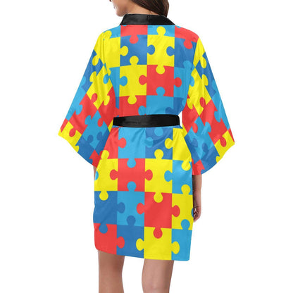 Autism Awareness Puzzles Design Print Women Short Kimono Robe