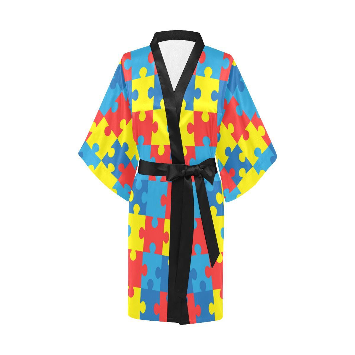 Autism Awareness Puzzles Design Print Women Short Kimono Robe