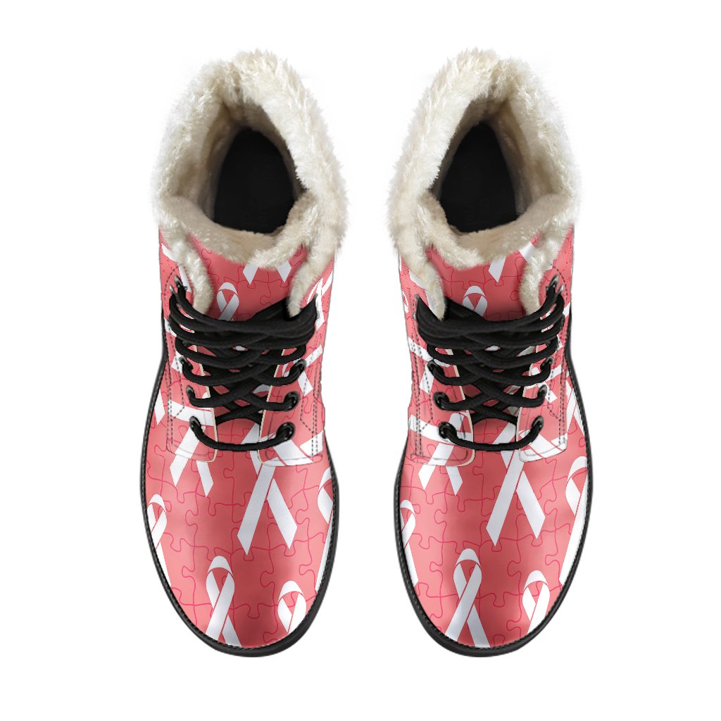 Autism Awareness Ribbon Design Print Faux Fur Leather Boots-JTAMIGO.COM