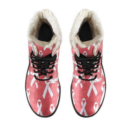 Autism Awareness Ribbon Design Print Faux Fur Leather Boots-JTAMIGO.COM