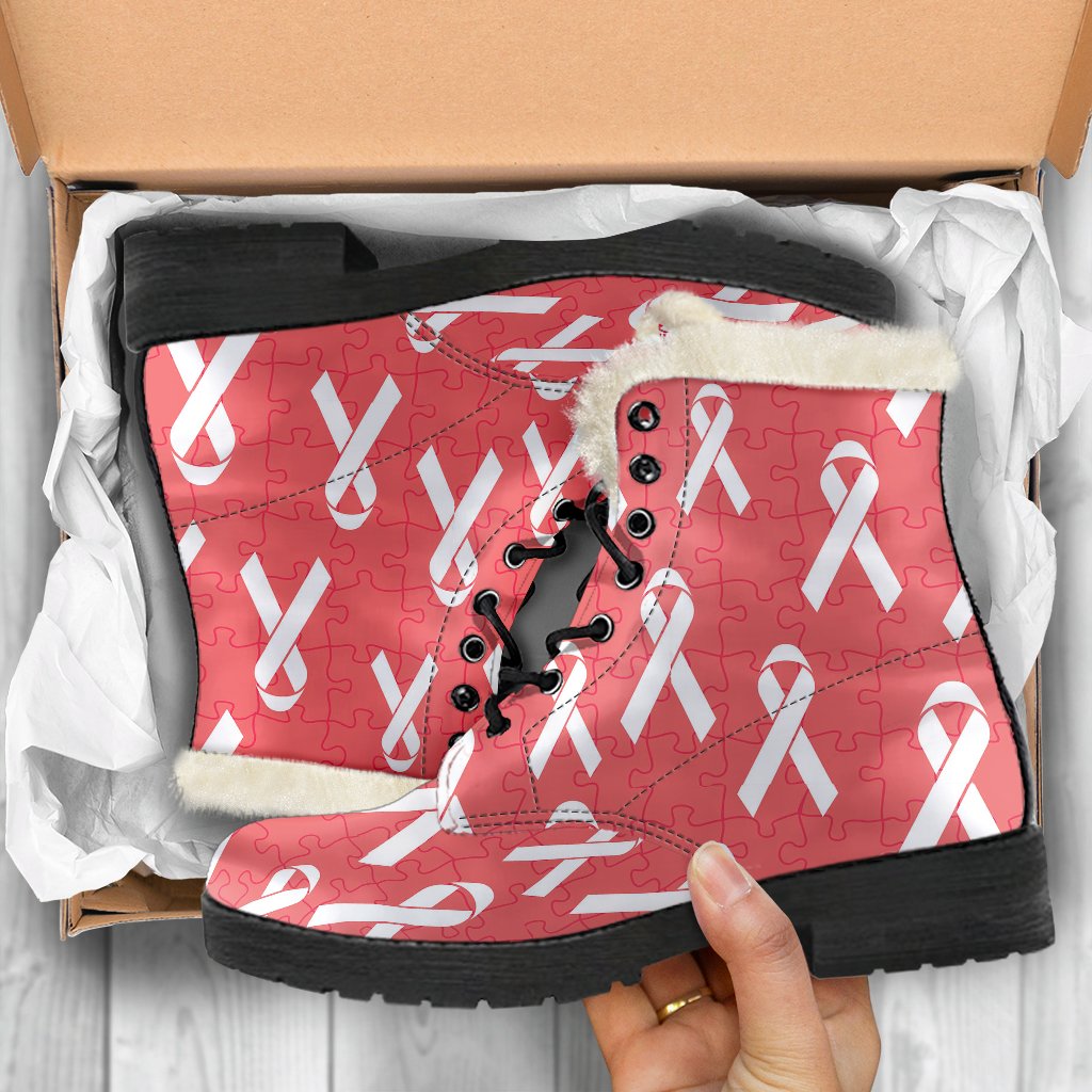 Autism Awareness Ribbon Design Print Faux Fur Leather Boots-JTAMIGO.COM