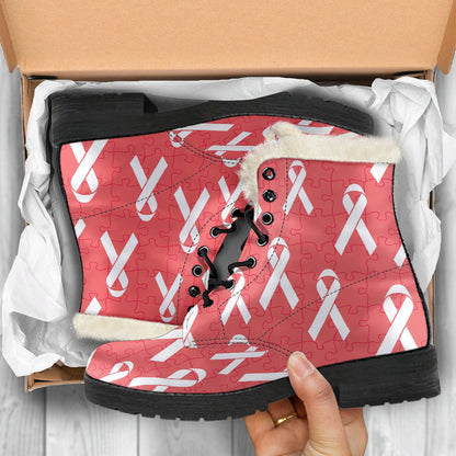 Autism Awareness Ribbon Design Print Faux Fur Leather Boots-JTAMIGO.COM