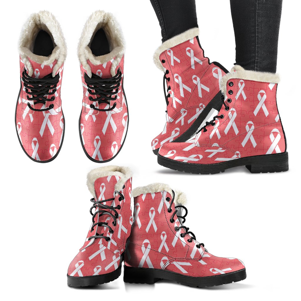 Autism Awareness Ribbon Design Print Faux Fur Leather Boots-JTAMIGO.COM