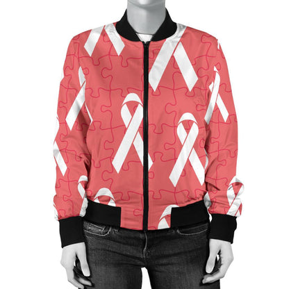 Autism Awareness Ribbon Design Print Women Casual Bomber Jacket