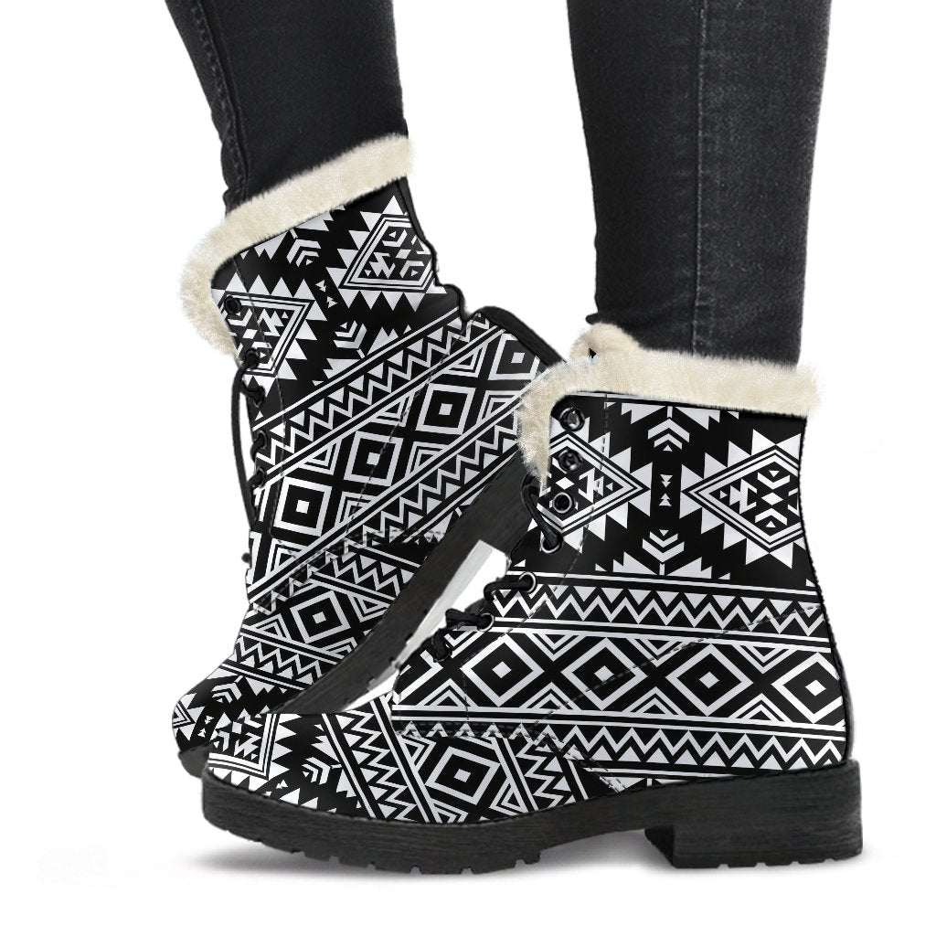 Aztec Black White Print Pattern Faux Fur Leather Boots-JTAMIGO.COM