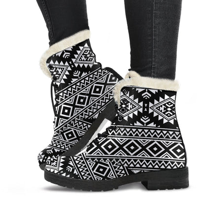 Aztec Black White Print Pattern Faux Fur Leather Boots-JTAMIGO.COM