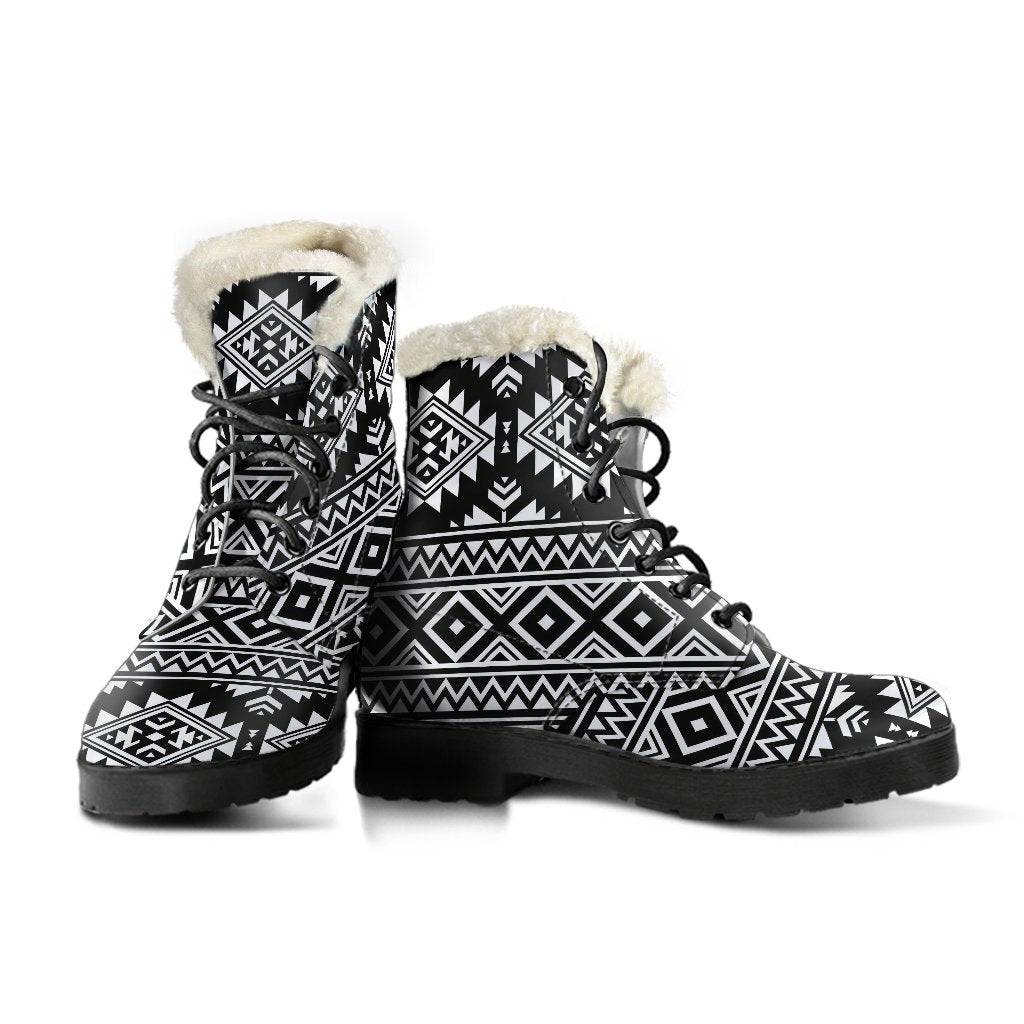 Aztec Black White Print Pattern Faux Fur Leather Boots-JTAMIGO.COM