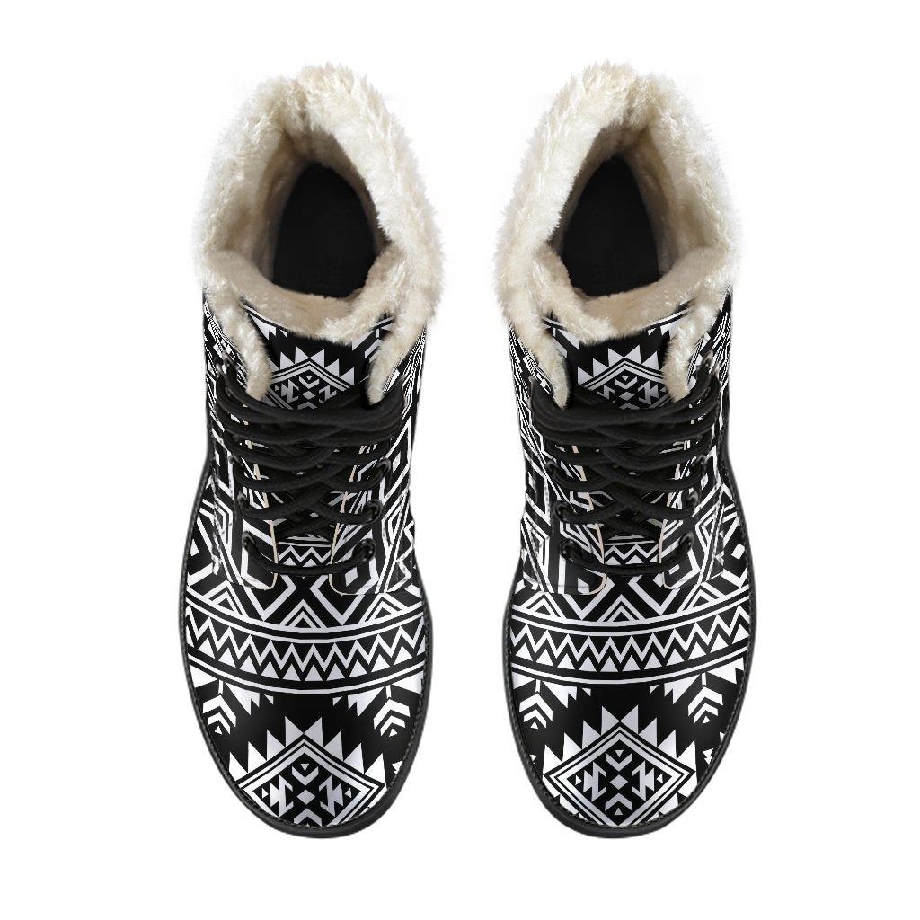 Aztec Black White Print Pattern Faux Fur Leather Boots-JTAMIGO.COM