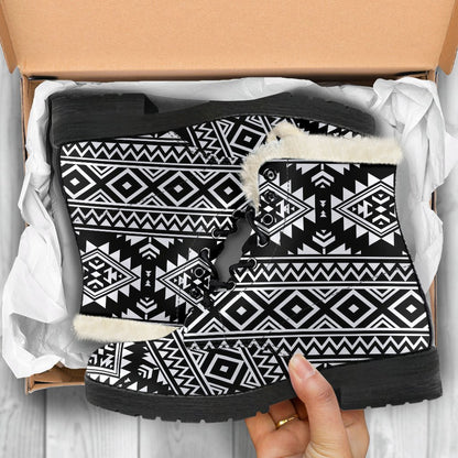 Aztec Black White Print Pattern Faux Fur Leather Boots-JTAMIGO.COM