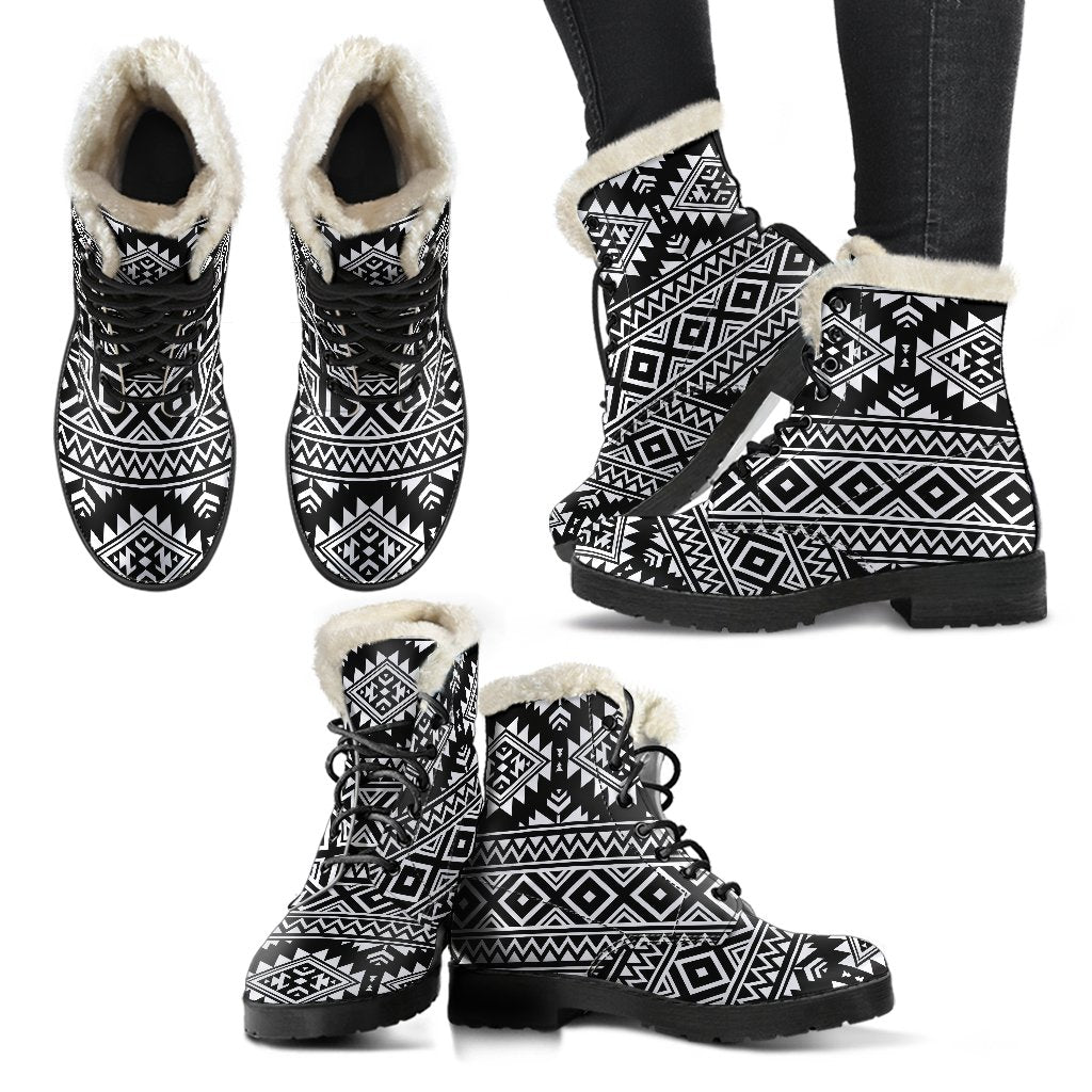 Aztec Black White Print Pattern Faux Fur Leather Boots-JTAMIGO.COM