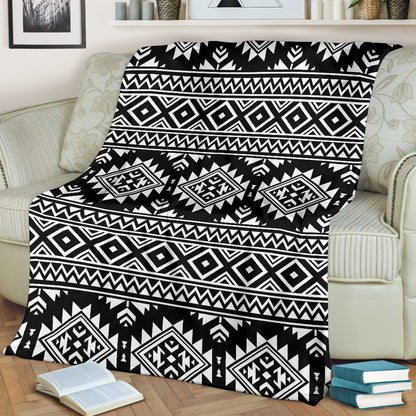 Aztec Black White Print Pattern Fleece Blanket
