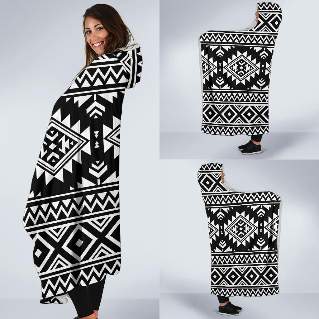 Aztec Black White Print Pattern Hooded Blanket-JTAMIGO.COM