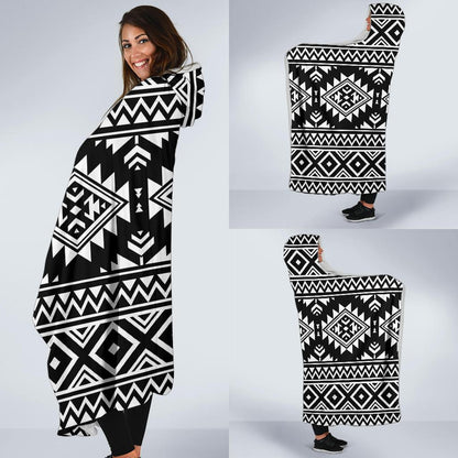 Aztec Black White Print Pattern Hooded Blanket-JTAMIGO.COM