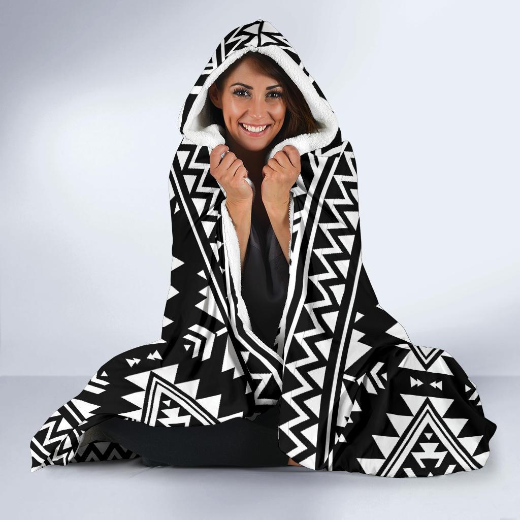 Aztec Black White Print Pattern Hooded Blanket-JTAMIGO.COM