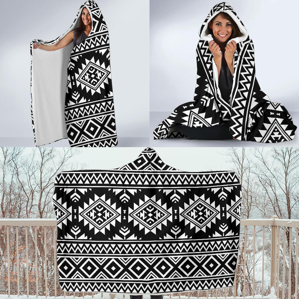 Aztec Black White Print Pattern Hooded Blanket-JTAMIGO.COM