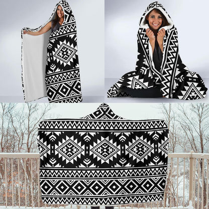 Aztec Black White Print Pattern Hooded Blanket-JTAMIGO.COM