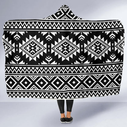 Aztec Black White Print Pattern Hooded Blanket-JTAMIGO.COM