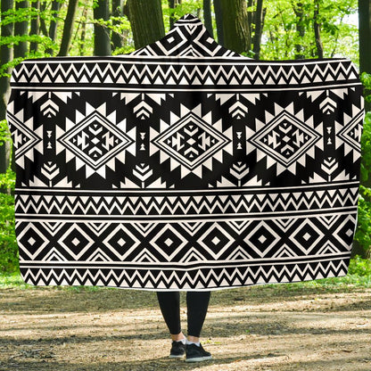 Aztec Black White Print Pattern Hooded Blanket-JTAMIGO.COM