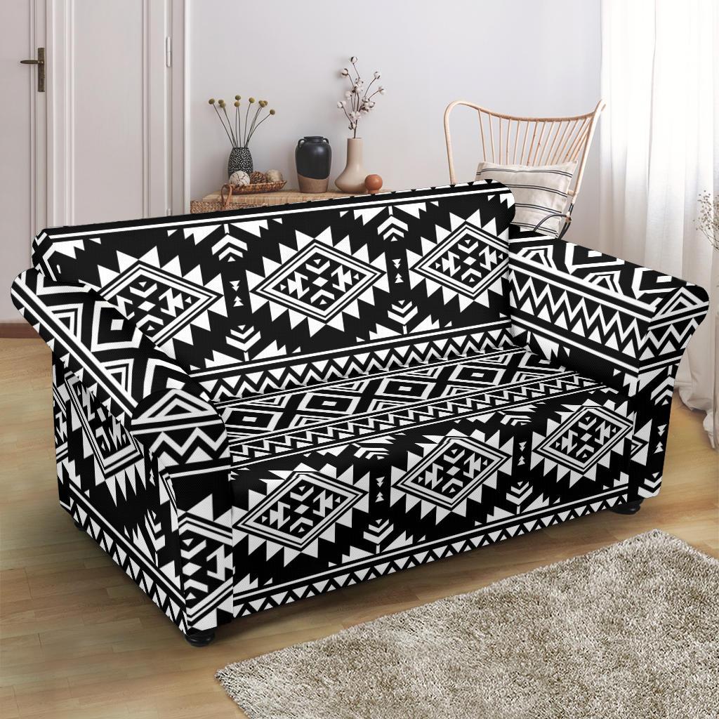 Aztec Black White Print Pattern Loveseat Slipcover-JTAMIGO.COM