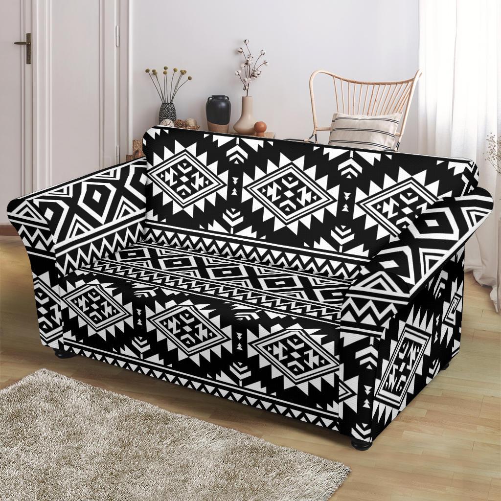 Aztec Black White Print Pattern Loveseat Slipcover-JTAMIGO.COM