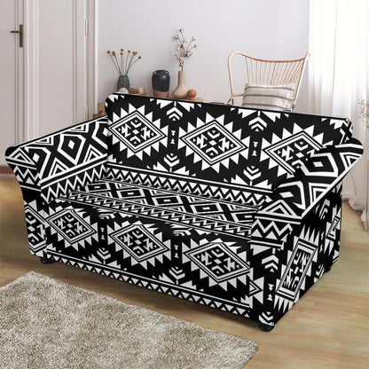 Aztec Black White Print Pattern Loveseat Slipcover-JTAMIGO.COM