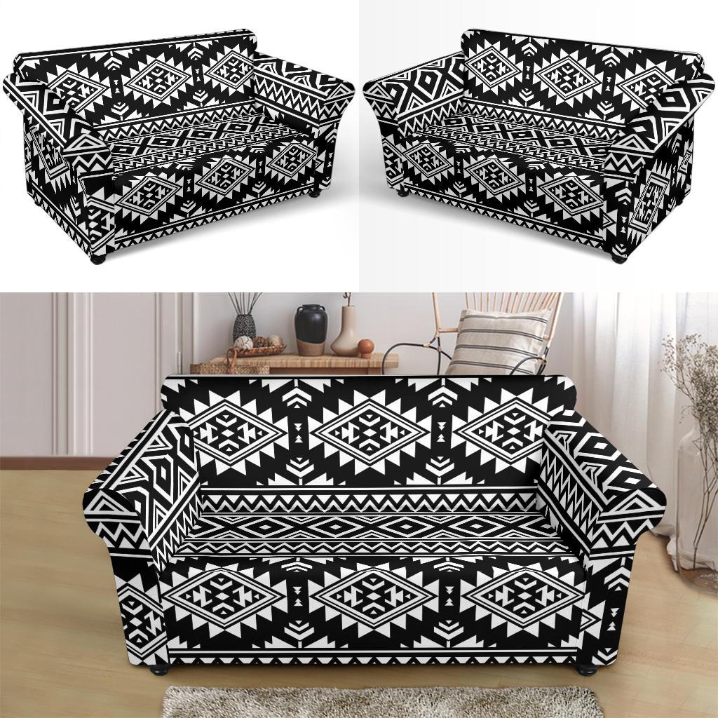 Aztec Black White Print Pattern Loveseat Slipcover-JTAMIGO.COM