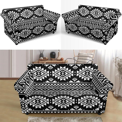 Aztec Black White Print Pattern Loveseat Slipcover-JTAMIGO.COM