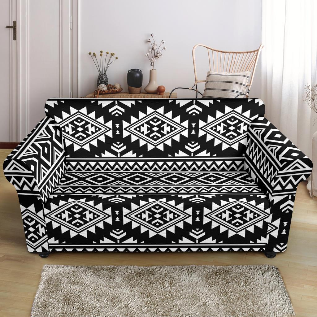 Aztec Black White Print Pattern Loveseat Slipcover-JTAMIGO.COM