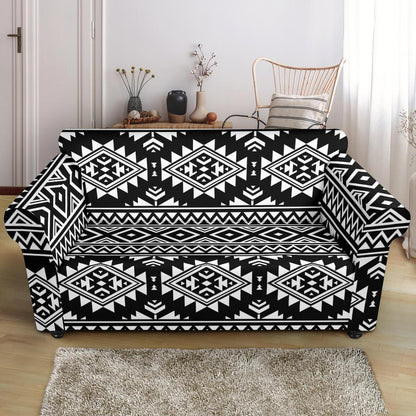 Aztec Black White Print Pattern Loveseat Slipcover-JTAMIGO.COM