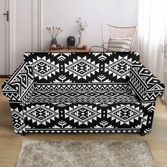 Aztec Black White Print Pattern Loveseat Slipcover-JTAMIGO.COM