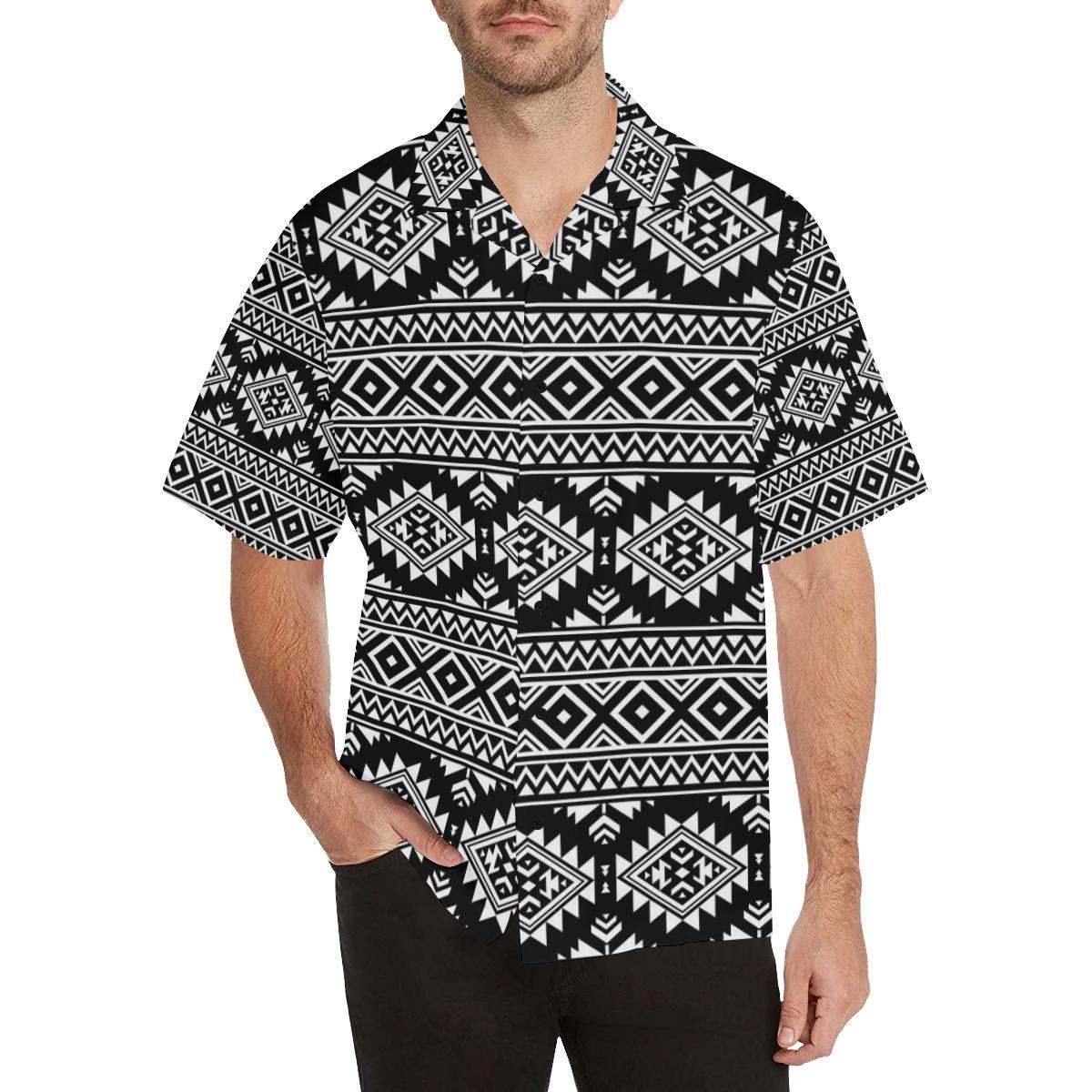 Aztec Black White Print Pattern Men Aloha Hawaiian Shirt