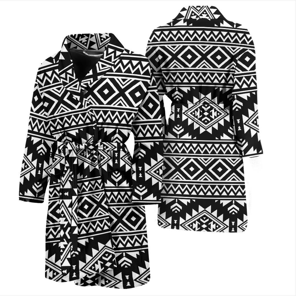 Aztec Black White Print Pattern Men Bath Robe-JTAMIGO.COM