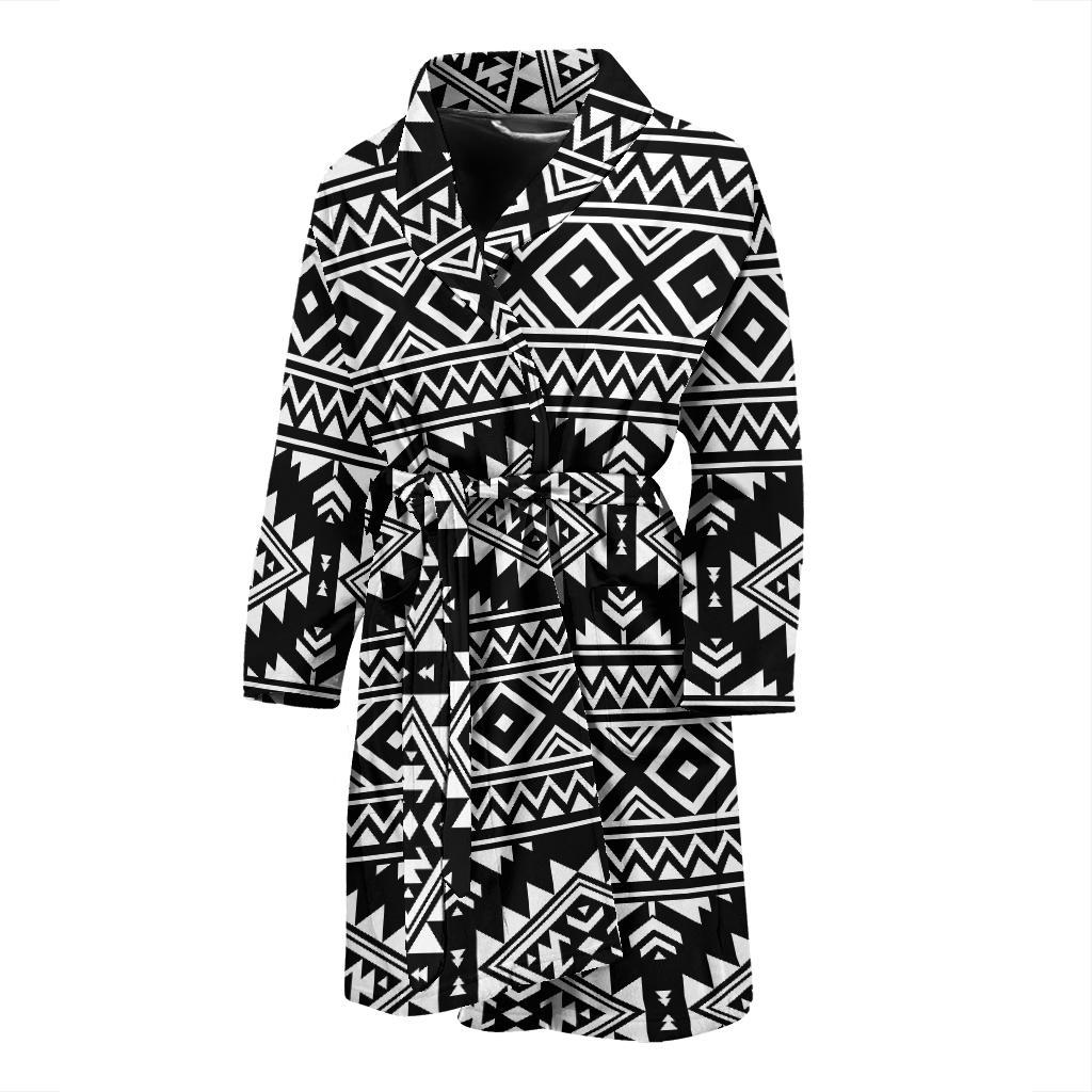 Aztec Black White Print Pattern Men Bath Robe-JTAMIGO.COM