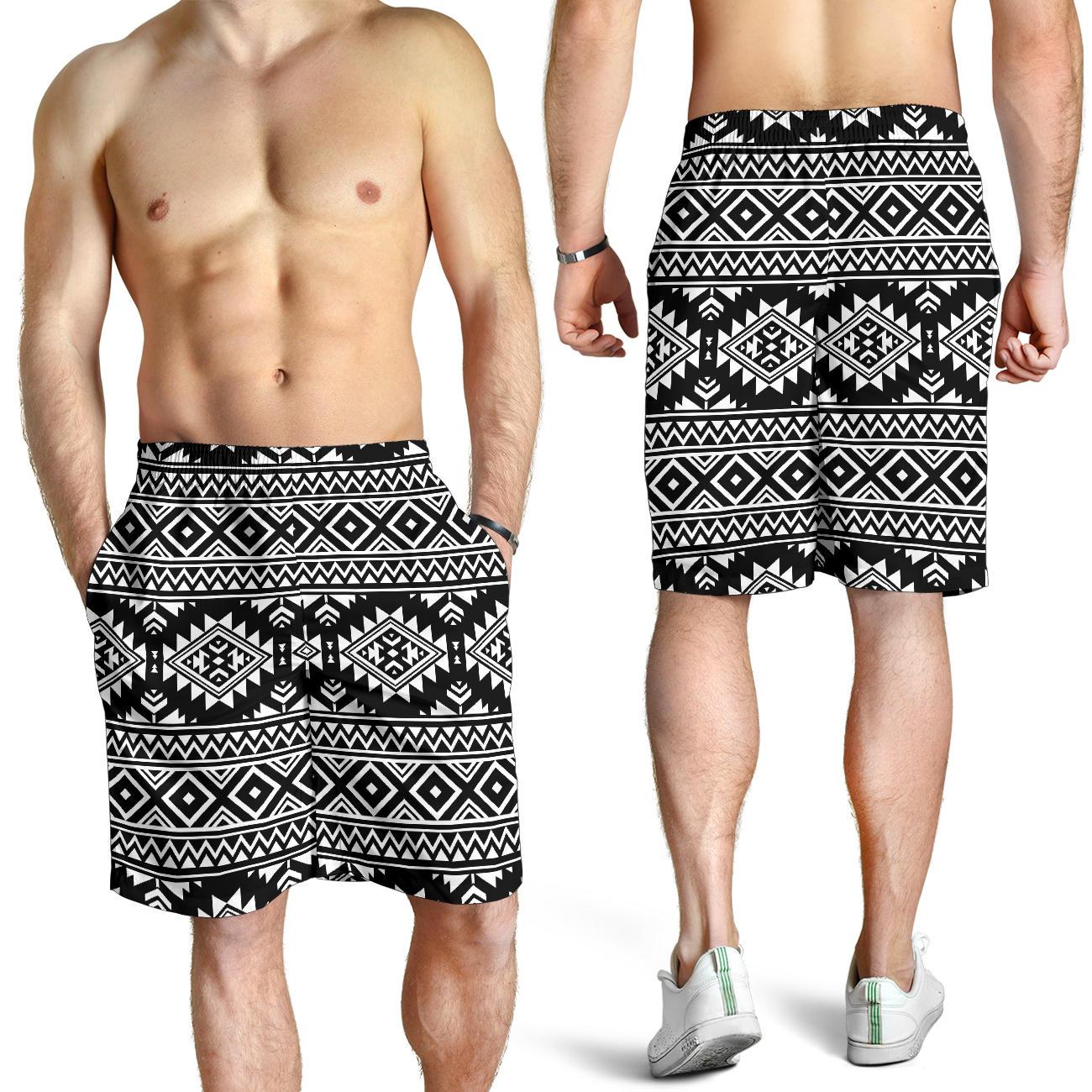 Aztec Black White Print Pattern Mens Shorts-JTAMIGO.COM