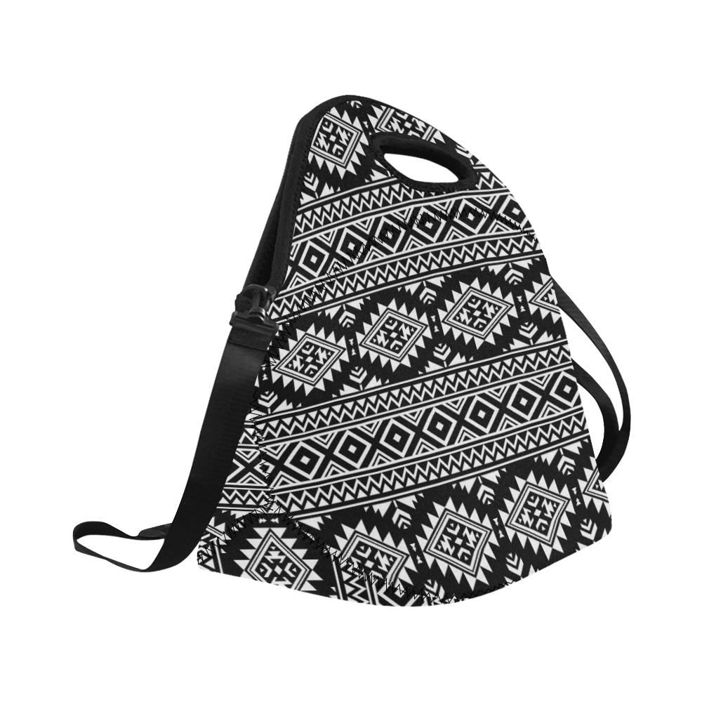 Aztec Black White Print Pattern Neoprene Lunch Bag (Model 1669)(Large)-JTAMIGO.COM