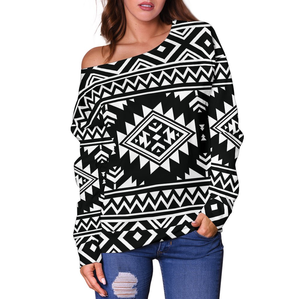 Aztec Black White Print Pattern Off Shoulder Sweatshirt