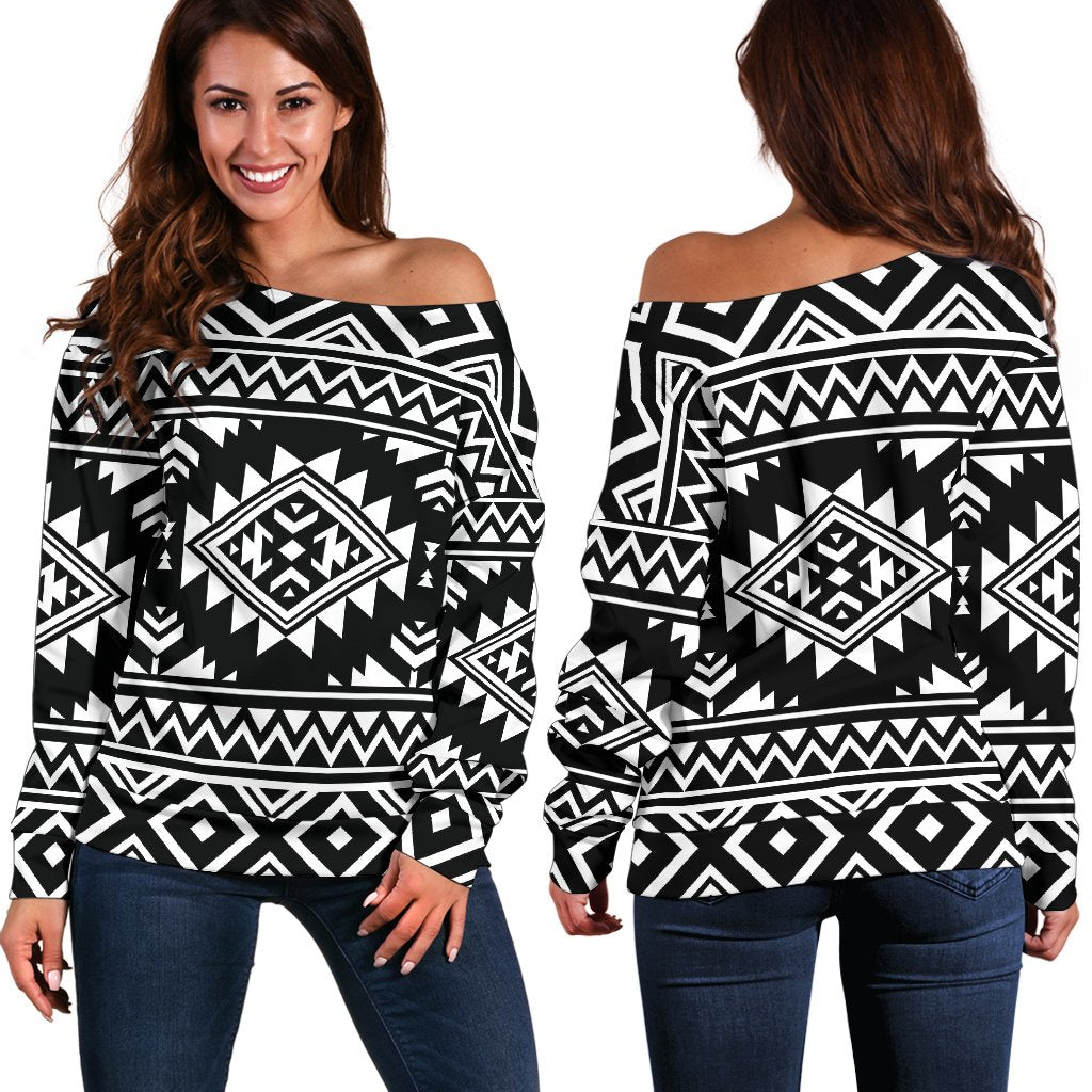 Aztec Black White Print Pattern Off Shoulder Sweatshirt