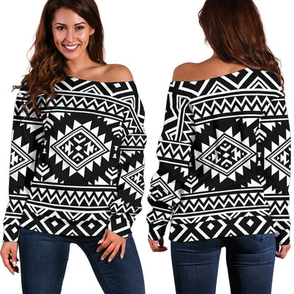 Aztec Black White Print Pattern Off Shoulder Sweatshirt