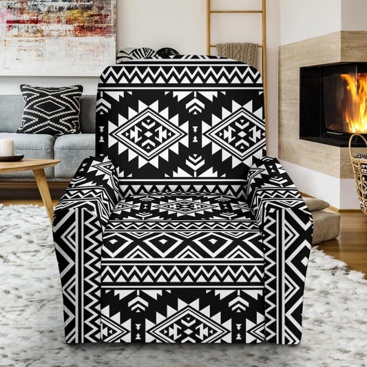 Aztec Black White Print Pattern Single Sofa Slipcover -JTAMIGO.COM
