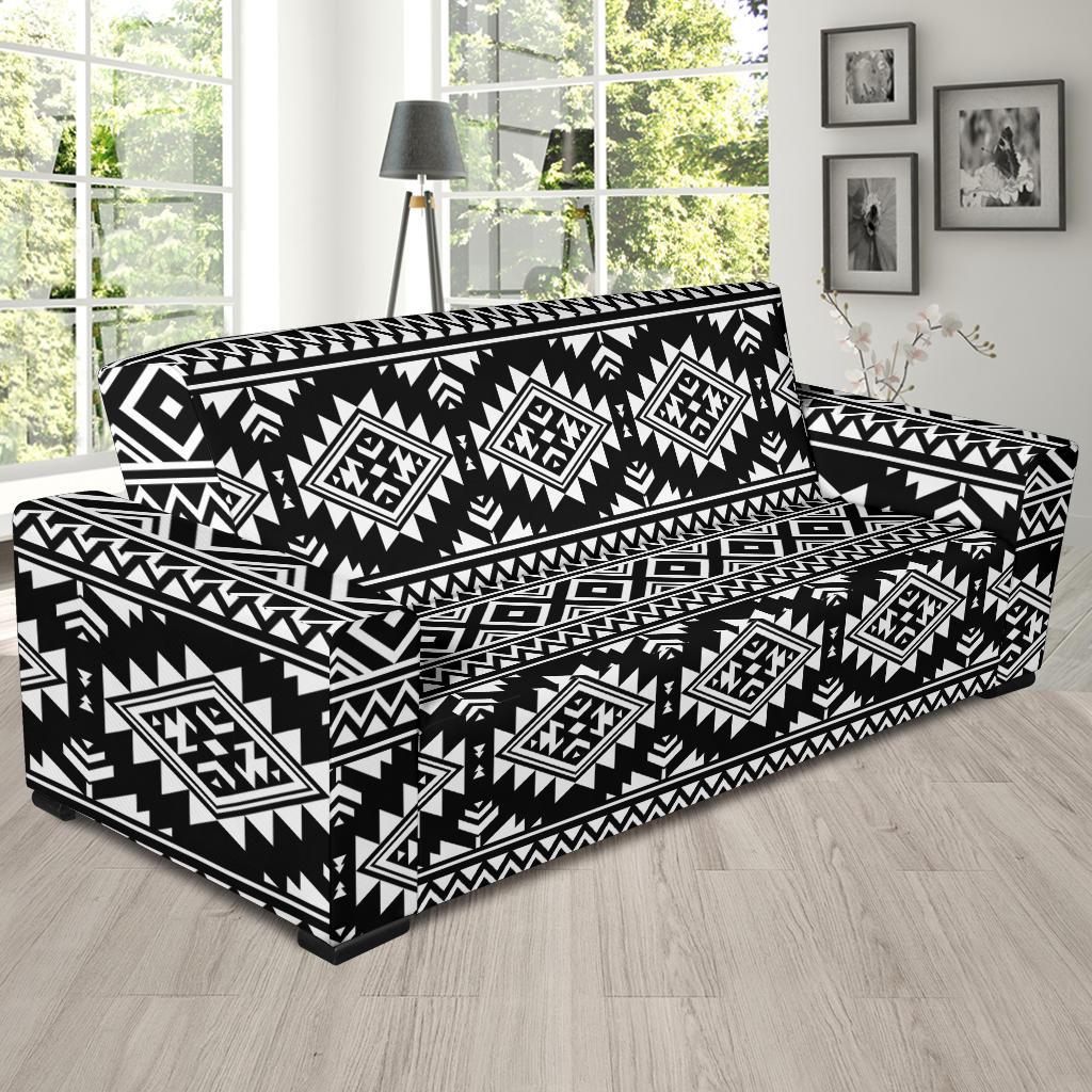 Aztec Black White Print Pattern Sofa Slipcover-JTAMIGO.COM