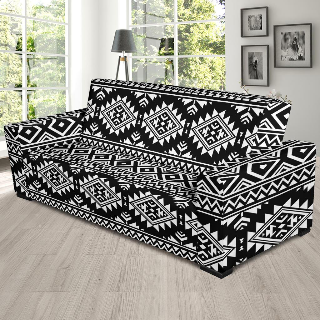 Aztec Black White Print Pattern Sofa Slipcover-JTAMIGO.COM