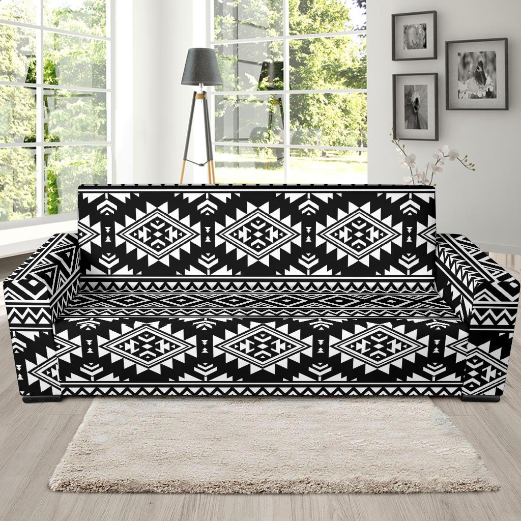 Aztec Black White Print Pattern Sofa Slipcover-JTAMIGO.COM