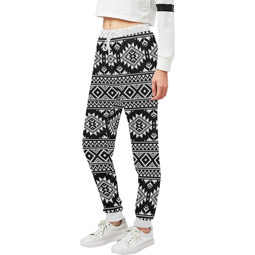 Aztec Black White Print Pattern Unisex Casual Sweatpants (Model L11)-JTAMIGO.COM