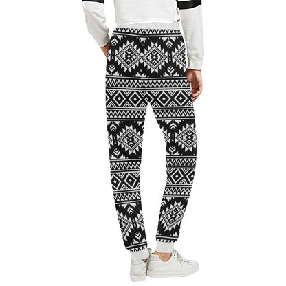 Aztec Black White Print Pattern Unisex Casual Sweatpants (Model L11)-JTAMIGO.COM