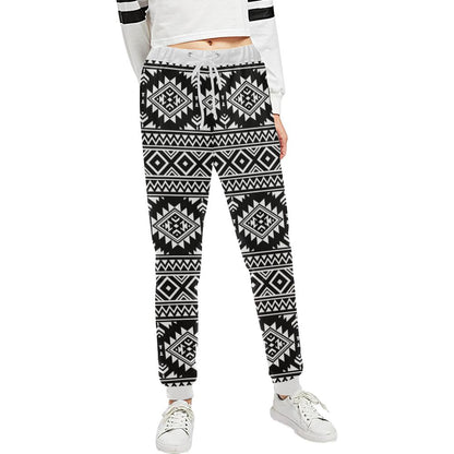 Aztec Black White Print Pattern Unisex Casual Sweatpants (Model L11)-JTAMIGO.COM