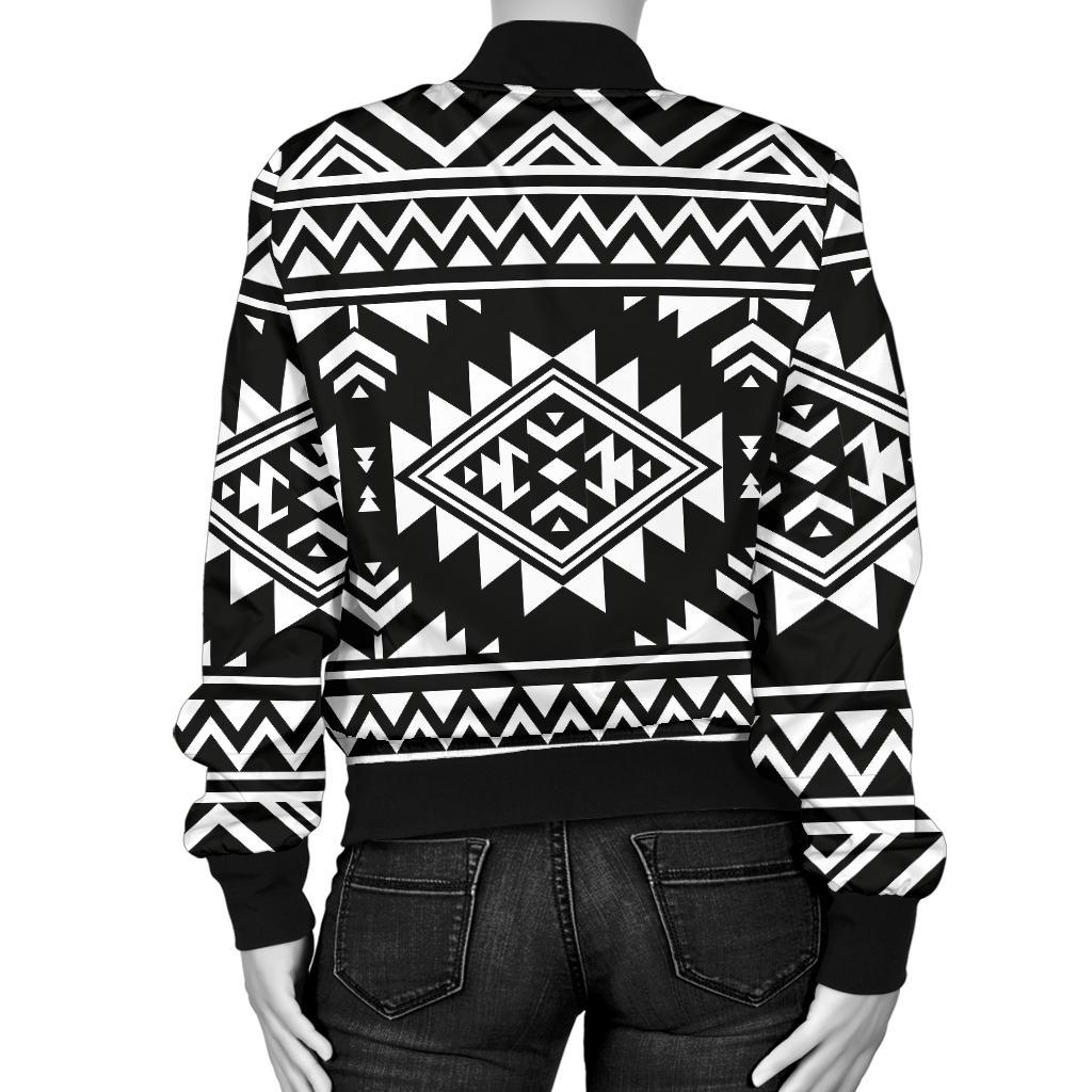 Aztec Black White Print Pattern Women Casual Bomber Jacket